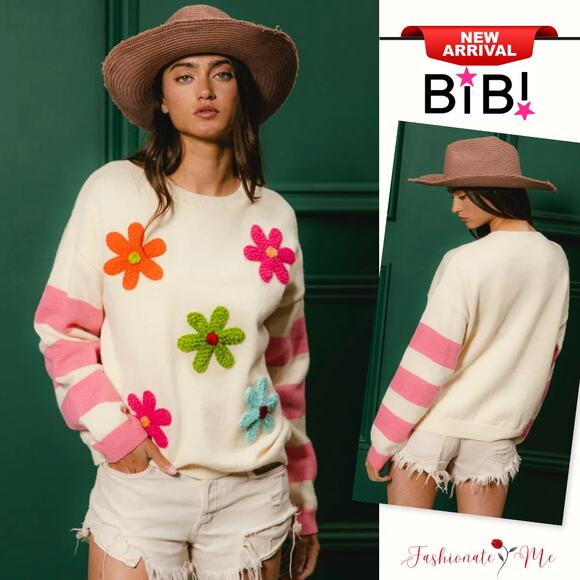 BiBi Sweaters - BiBi Colorful Floral Patches Striped Sleeves Relaxed Pullover Sweater | Oatmeal